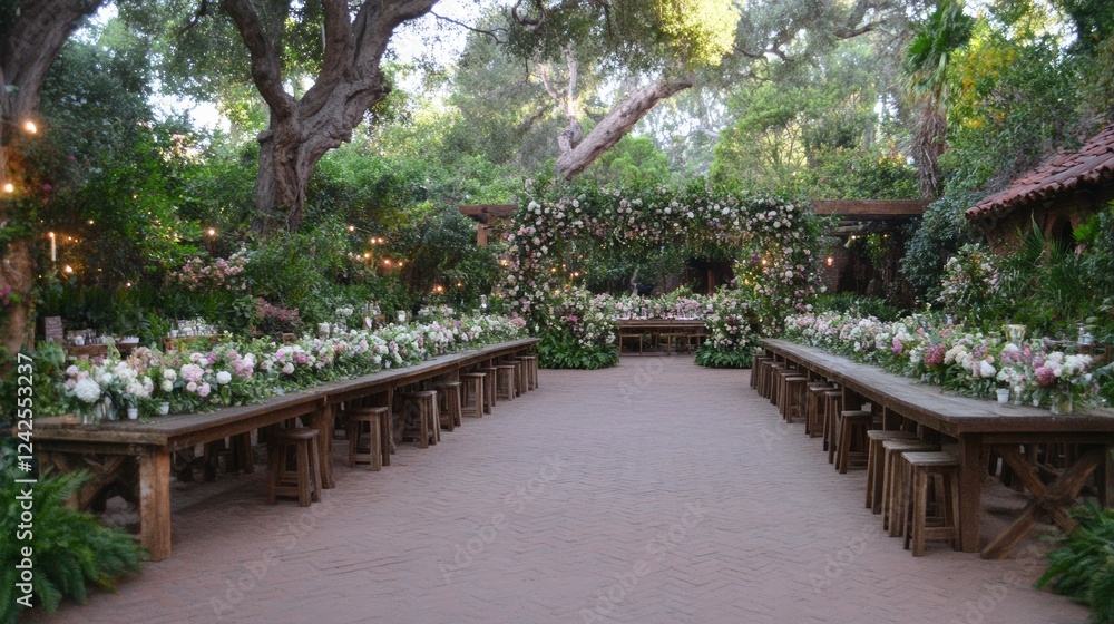 Rustic Garden Wedding Reception Long Tables Floral Decor