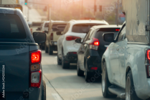 Abstract transport of rear side car on tha road. Traffic of many cars driving and quarry line up. Traffic jame for business time and travel trip. photo