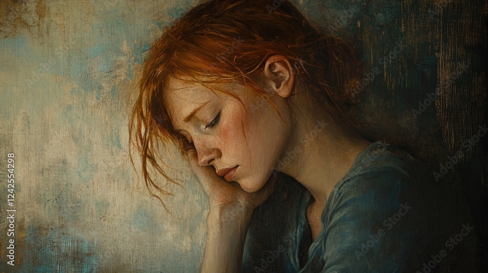 Fototapeta premium Portrait of a pensive young woman with auburn hair expressing sorrow, sitting in a contemplative pose against a textured blue and beige background.