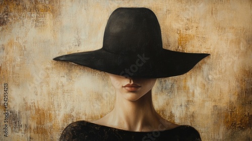 Portrait of a mysterious woman with a wide-brimmed black hat against a textured golden background, highlighting elegance and enigma. photo