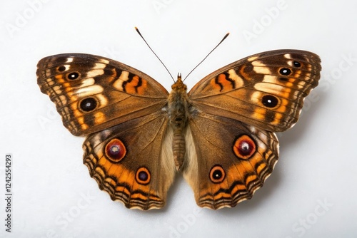 White background featuring a majestic Junonia Rhadama butterfly, iridescent, colorful, insectarium, large photo