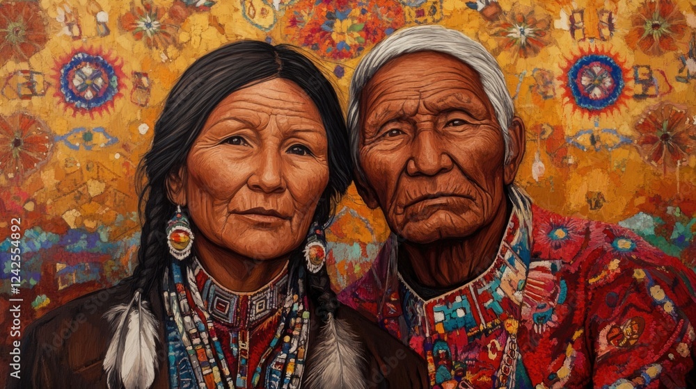 Naklejka premium Metis couple portrait showcasing traditional attire and rich cultural heritage against a vibrant patterned backdrop of gold and blue tones.