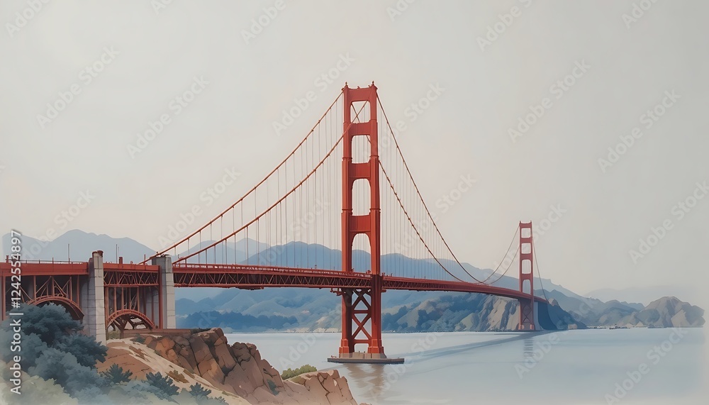 Fototapeta premium Stunning panoramic view of the iconic Golden Gate Bridge in San Francisco, California, with a hazy sky and tranquil waters.