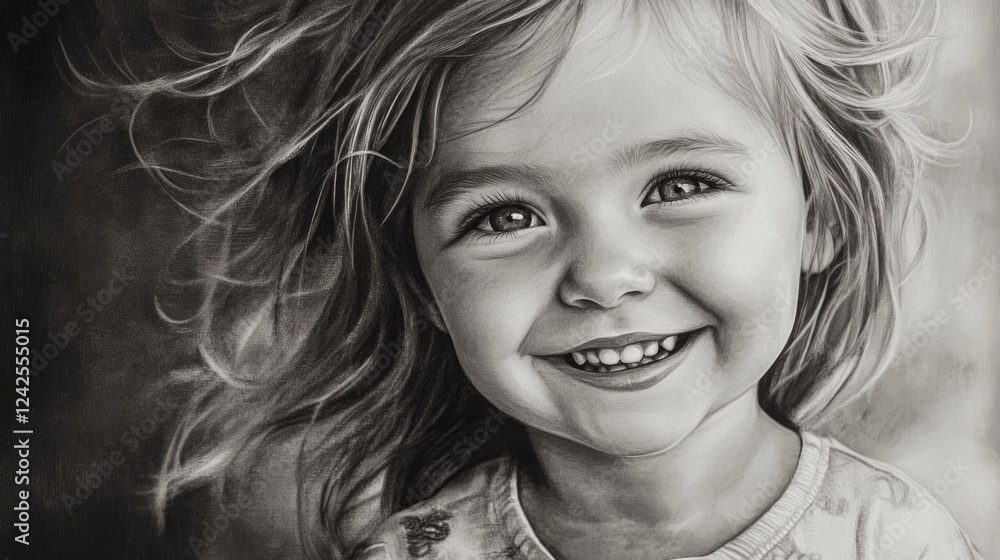 Happy little girl with tousled hair smiling joyfully in a detailed black and white portrait showcasing youthful innocence and charm. Happy little girl with tousled hair smiling joyfully in a detailed black and white portrait showcasing youthful innocence and charm.