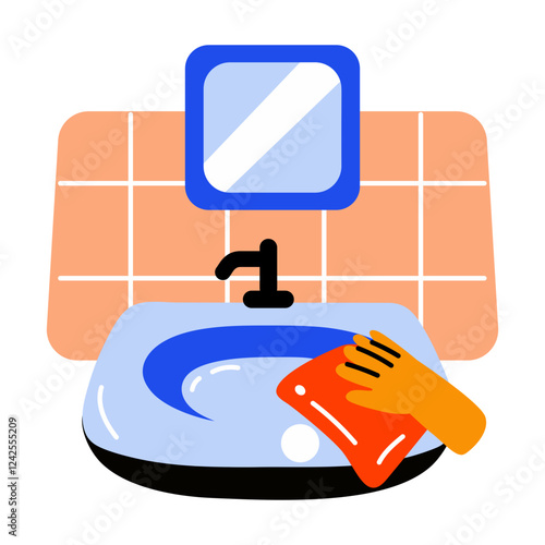 Cleaning sink with towel, flat style icon 

