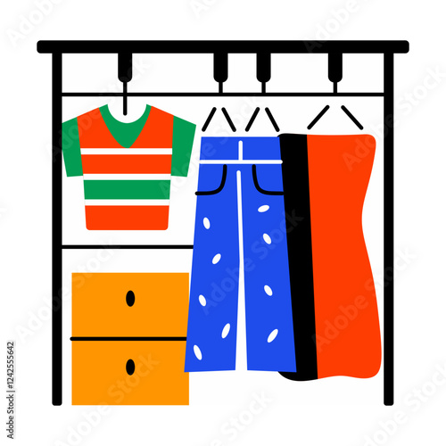 Clothes hanging in wardrobe, flat style icon 
