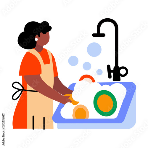 A woman washing dishes on sink, flat icon 

