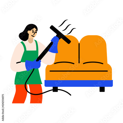 Woman cleaning house with vacuum cleaner, flat icon 
