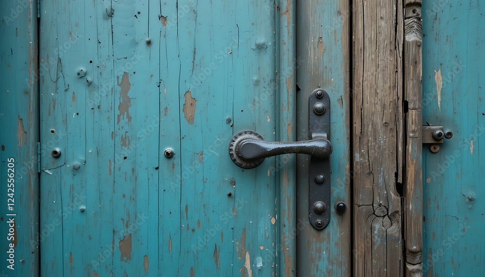 Close-up view of an old, weathered teal wooden door with a dark metal handle and visible wood grain texture, showing signs of age and decay. Close-up view of an old, weathered teal wooden door with a dark metal handle and visible wood grain texture, showing signs of age and decay.