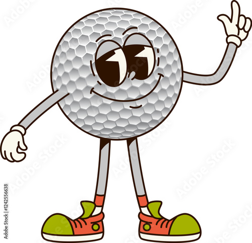 Groovy golf ball sport character with a friendly expression, wearing sneakers and pointing finger up. Cartoon vector cheerful ball personage exudes positive, playful and sporty vibe on the game field
