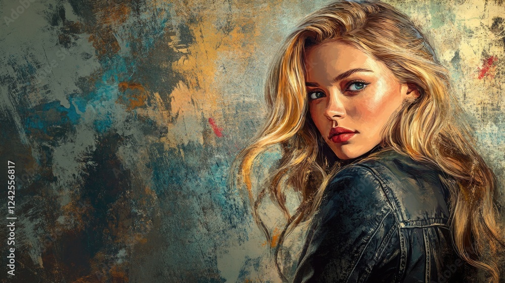 Fototapeta premium Portrait of a captivating blonde young woman in a denim jacket against a textured blue and gold abstract background, showcasing vibrant colors and artistic flair.