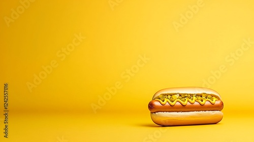 Hot Dog with Mustard and Relish on Yellow Background photo