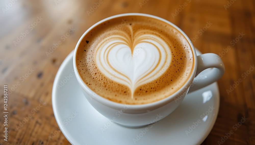 Close-up of a cup of latte art coffee with a heart design on top, sitting on a saucer on a wooden table.
