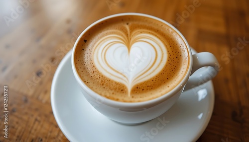 Obraz na płótnie Close-up of a cup of latte art coffee with a heart design on top, sitting on a saucer on a wooden table. w salonie