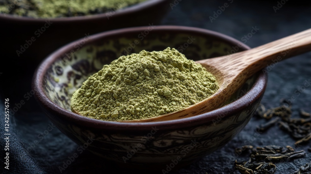 Wooden spoon with powdered matcha green tea in bowl Wooden spoon with powdered matcha green tea in bowl