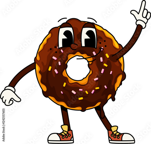 Funny groovy donut dessert character. Cartoon vector retro doughnut personage. Isolated pastry dessert with funky smile, chocolate glaze and colorful sprinkles, embodies a 70s vibe, with cheery smile