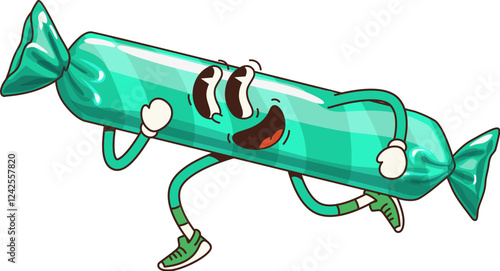 Retro groovy candy sweet character. Cartoon vector sugar food. Cheerful hippie bon bon personage with a vibrant, teal wrapper, playful expression and running pose, exuding a fun and nostalgic y2k vibe