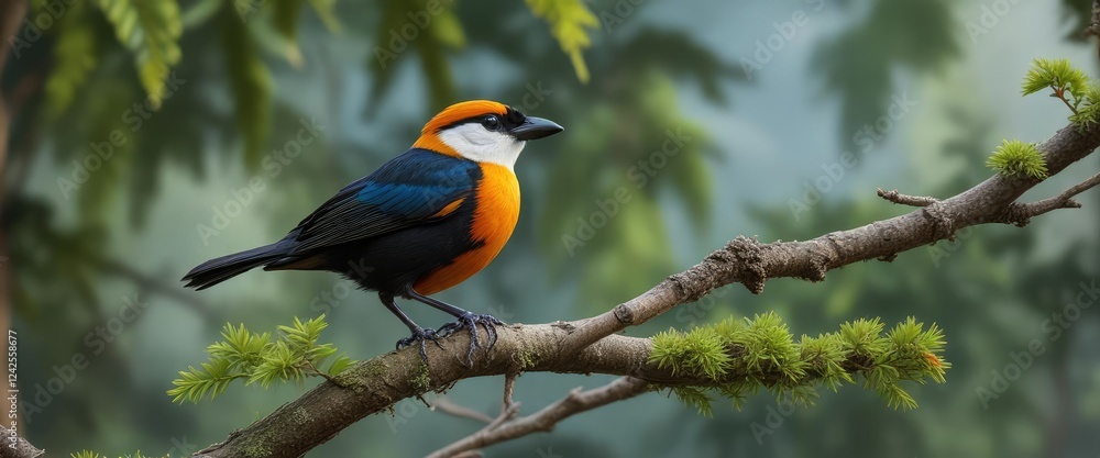 Vibrant white shouldered tanager perched on a tree branch, feathers, exotic, colorful Vibrant white shouldered tanager perched on a tree branch, feathers, exotic, colorful