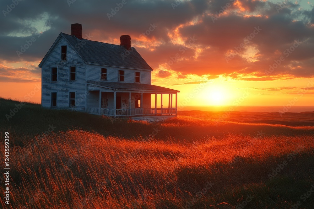 Sunset casts a warm glow over an abandoned farmhouse in the countryside Sunset casts a warm glow over an abandoned farmhouse in the countryside