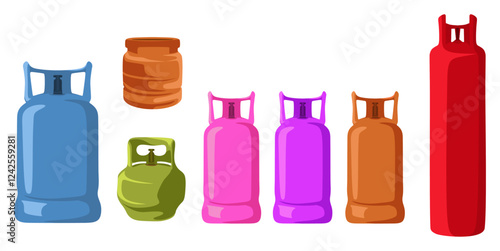 A set of vector cartoon lpg gas cylinders with their color codes, illustration of lpg gas cylinders with green, blue, pink, purple, orange, and red colors