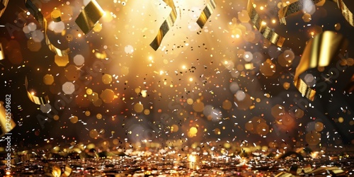 Golden Celebration Background with Confetti and Ribbons