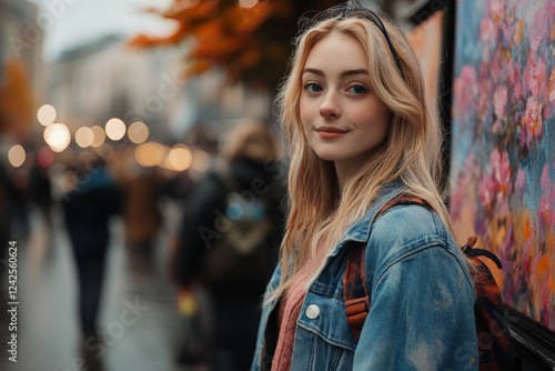 Wallpaper Mural Young woman enjoying a rainy day in a vibrant city with autumn scenery and art displays Torontodigital.ca
