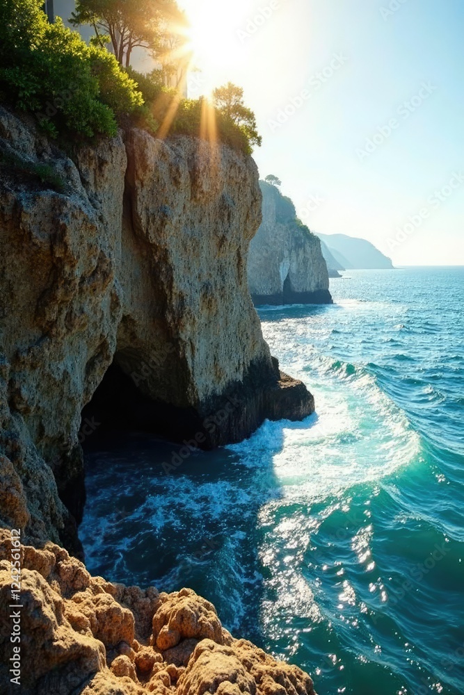 Naklejka premium Seaside cliff with sunlight filtering through the cracks, atmosphere, texture, filter