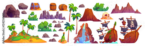 Cartoon pirate and corsair game assets, vector UI. Treasure island, chest and map in bottle, sunken ship, black flag and skull. Corsair treasure cave, rum barrels, landscape palms and mountain
