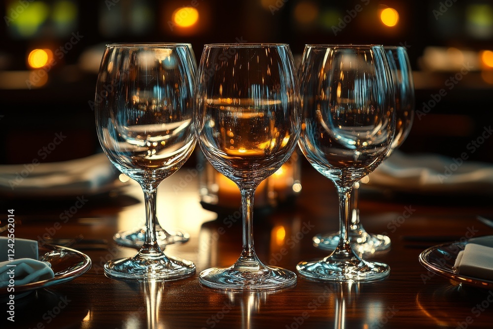 Elegant dining setup featuring sparkling glassware and soft candlelight in a cozy restaurant atmosphere Elegant dining setup featuring sparkling glassware and soft candlelight in a cozy restaurant atmosphere