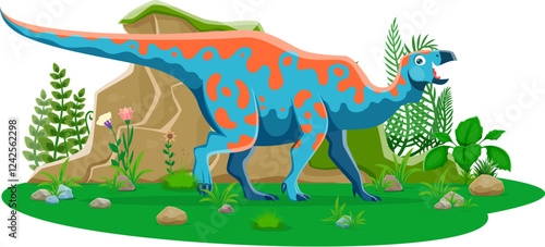 Iguanodon prehistoric dinosaur character. Late Cretaceous Mesozoic era lizard. Isolated cartoon vector ancient herbivore dino reptile animal in natural environment with rocks, ferns and green plants