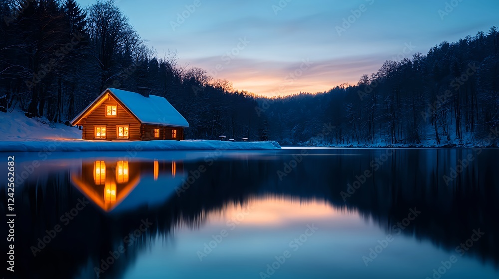 Obraz premium Illuminated Lakeside Cabin in Winter Sunset