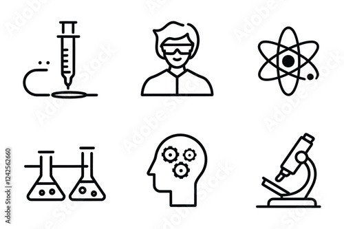 Science and Research Line Icons Set - Laboratory, Scientist, Chemistry, Microscope, Atomic Model