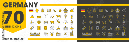 Germany travel and landmark line icons of vector german flag, map, beer and sausage, castle and cathedral buildings. Outline Germany Oktoberfest pretzel, windmill and football ball, road and car icons