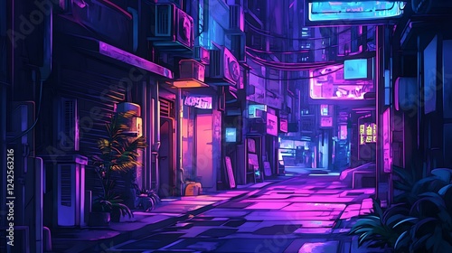 Neon-lit alleyway in a futuristic cityscape with vibrant purple and blue hues