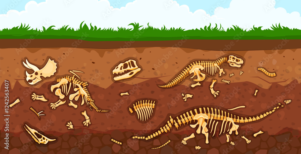 Fototapeta Archeology paleontology dinosaur fossil in soil layers vector background. Cartoon skeleton bones and skulls of tyrannosaurus, triceratops and diplodocus dinos. Dinosaur fossil, brown dirt and grass