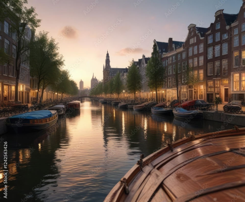 Fototapeta premium Wooden sailing boat on Amsterdam canal with a glimpse of the city's skyline, canal, boat