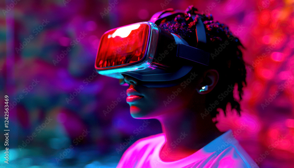 Person using virtual reality headset in vibrant lighting. Person using virtual reality headset in vibrant lighting.