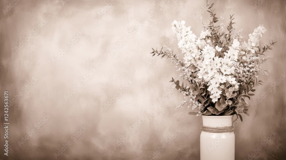 Fototapeta premium Sepia-toned Bouquet of White Flowers in Rustic Vase