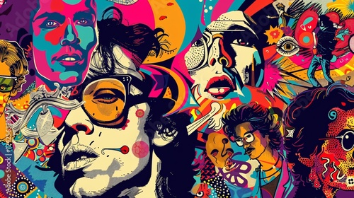 Retro collage of 60s and 70s pop culture, music icons, and psychedelic patterns