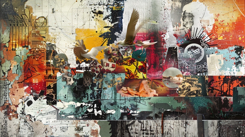 Fototapeta premium Eclectic collage with mixed media art, textured layers, and dynamic compositions