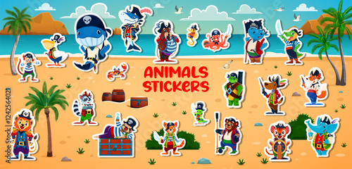 Animal pirate and corsair characters, sailor filibusters stickers pack. Funny pirate captain, sailor and skipper vector personages at treasure island. Cartoon corsair shark, elephant, bear, cat or dog photo