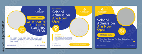 School admission open social media post design, back-to-school promotion square banner layout template, educational Instagram and Facebook post kit, high-quality web banner for enrollment ads bundle