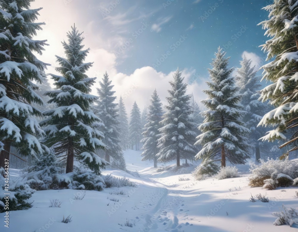 Naklejka premium Winter landscape with towering evergreen trees and a sky filled with delicate white snowflakes, snowflakes, tall