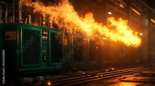 Wallpaper Mural Industrial Machinery with Orange Flames and Green Metal Torontodigital.ca