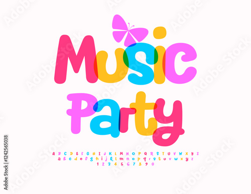 Vector Holiday invitation Music Party. Watercolor Kids Font. Joyful Alphabet Letters and Numbers.