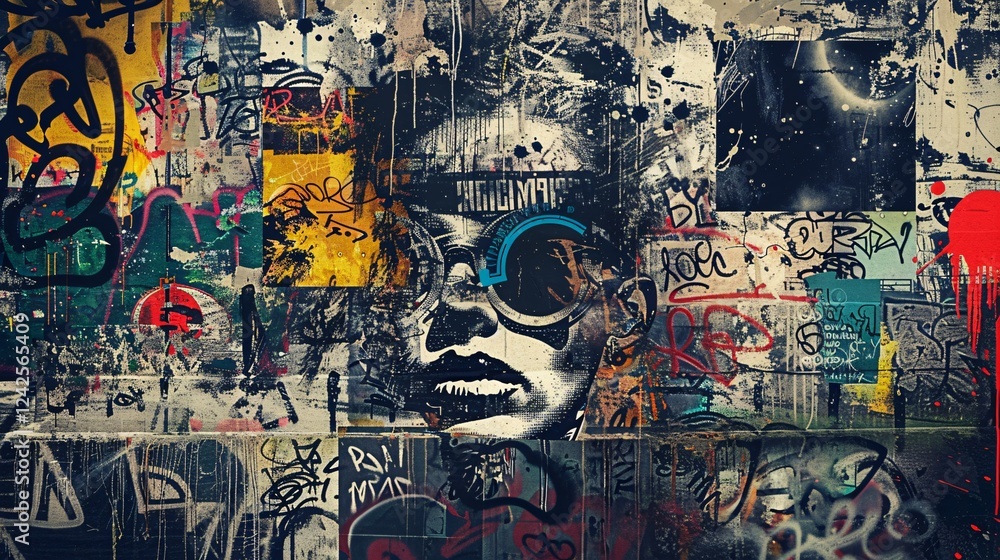 Fototapeta premium Grunge collage with urban textures, graffiti, and rebellious icons