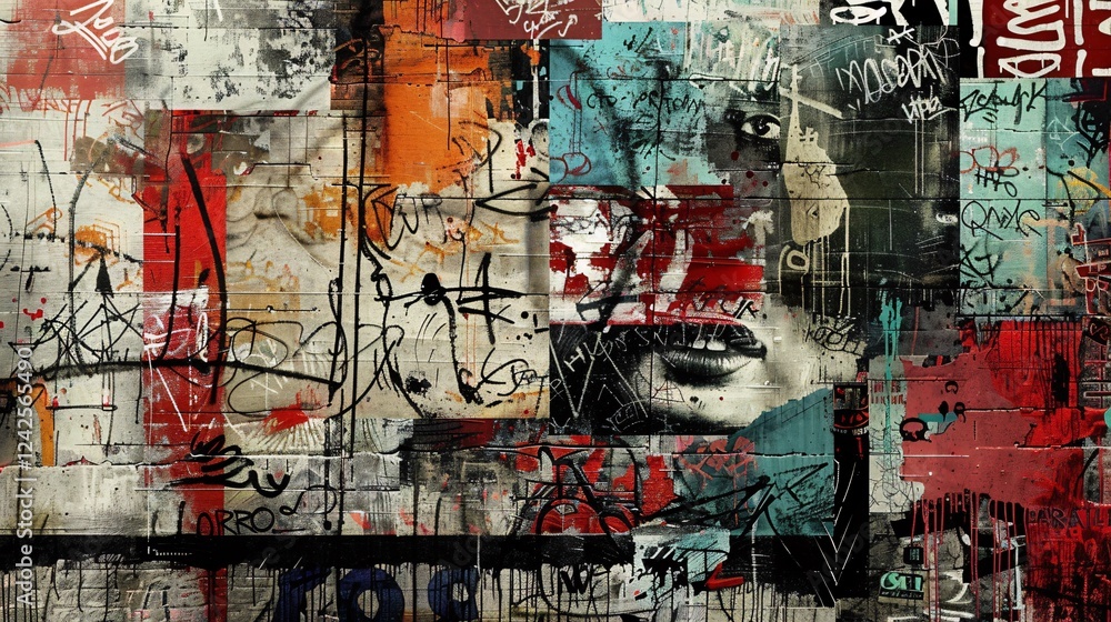 Fototapeta premium Grunge collage with urban textures, graffiti, and rebellious icons