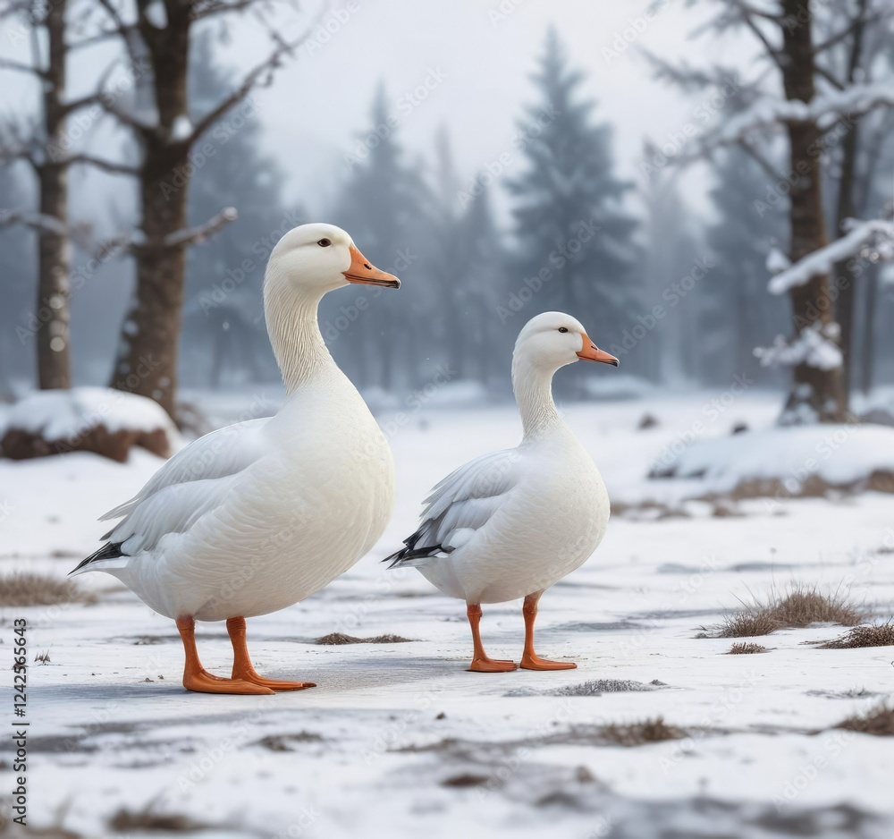 White duck and grey goose standing together in snow-covered landscape, bird, cold, pair White duck and grey goose standing together in snow-covered landscape, bird, cold, pair