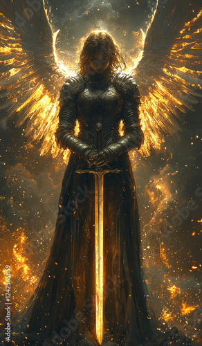 Radiant angelic warrior holding a glowing sword amidst fiery embers