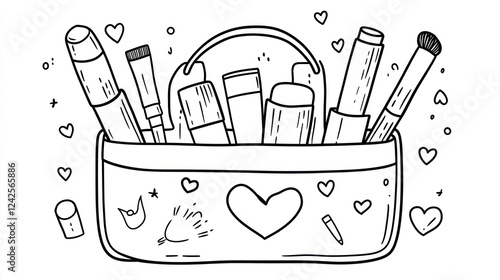 Makeup bag with brushes, hearts, doodles.  Girl's beauty kit photo